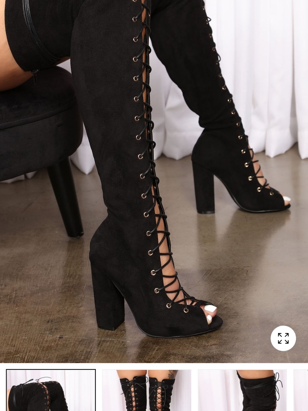 Fashion Nova Black Lace-Up Over-the-Knee Peep-Toe Block Heel Boots